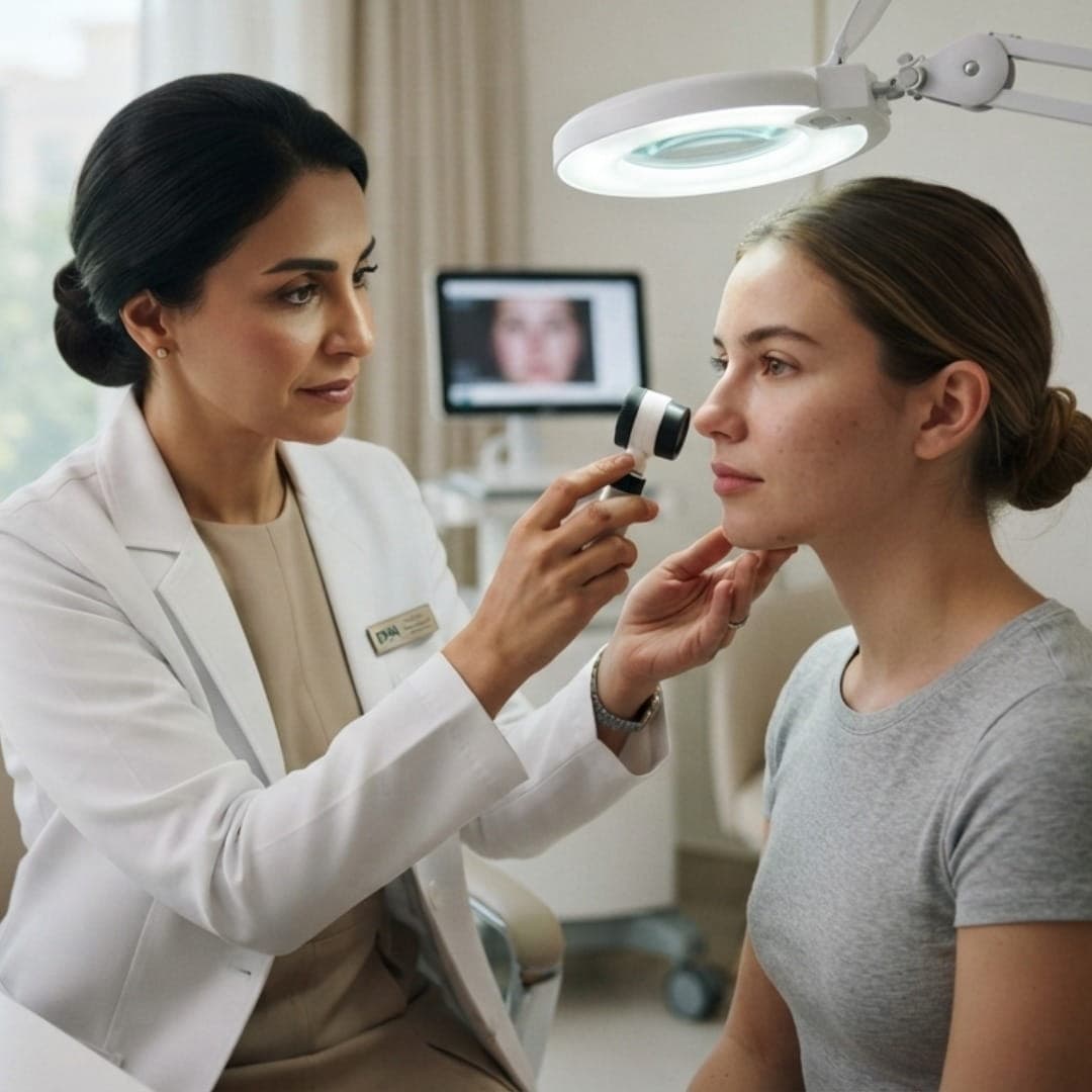 Acne scar treatment Dubai dermatologist examining patient skin