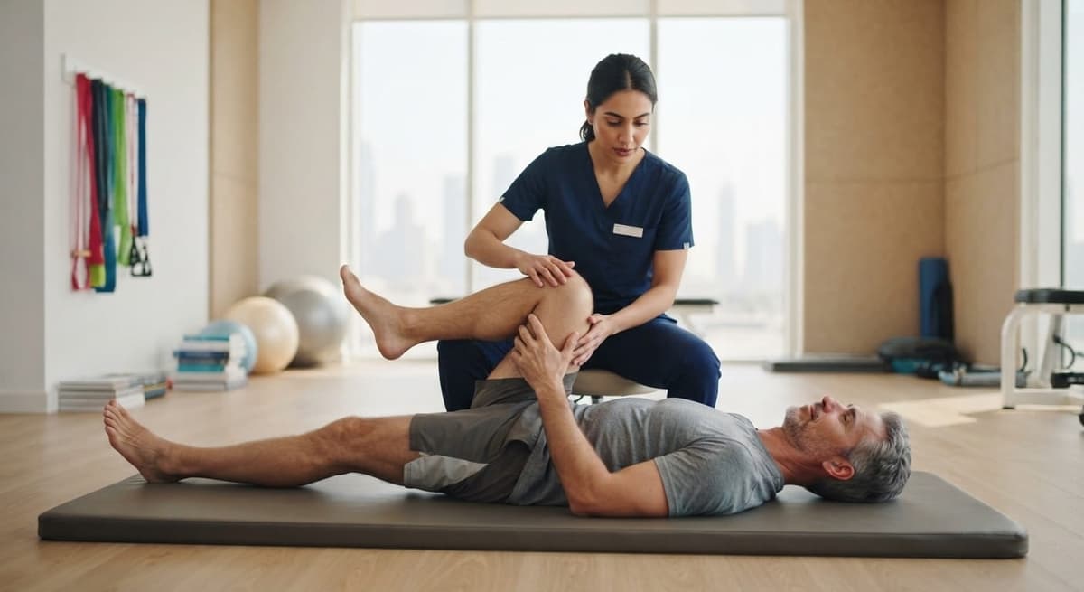 Patient performing guided stretching exercises for lumbar spine rehabilitation