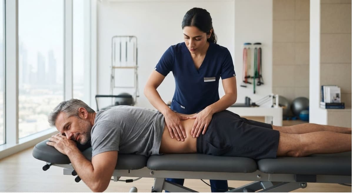 Physiotherapist performing manual therapy technique for spine and back pain relief