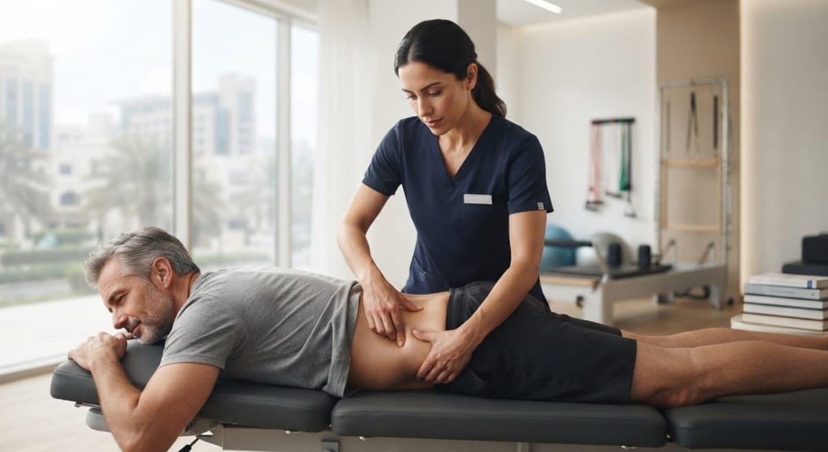 Physiotherapist providing manual therapy during a back pain rehabilitation session