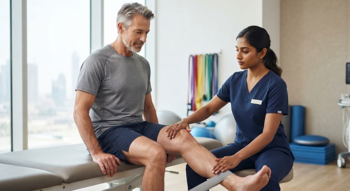 Physiotherapist guiding arthritis rehabilitation exercises in Dubai