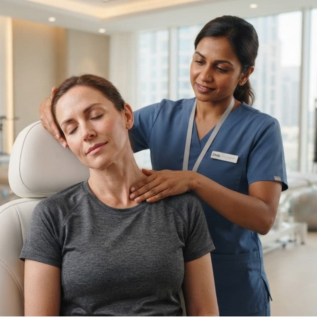 Physiotherapist treating neck tension contributing to poor sleep in Dubai