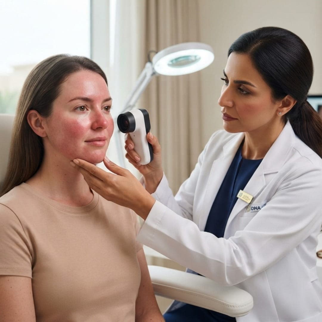 Woman with facial redness before rosacea consultation in Dubai