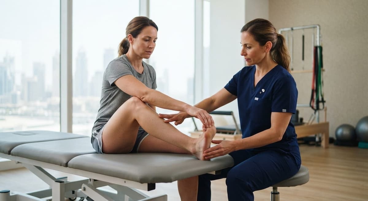 Plantar fascia stretch exercise - pulling toes back to stretch foot sole