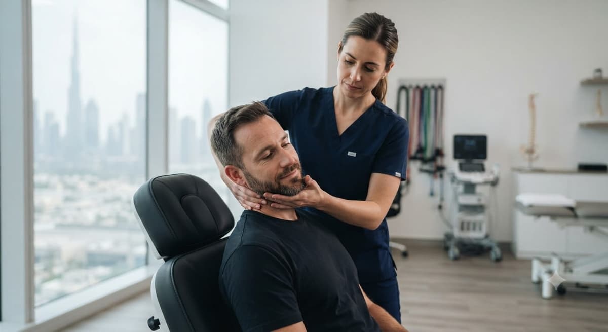 Physiotherapist assessing cervical mobility in Dubai clinic