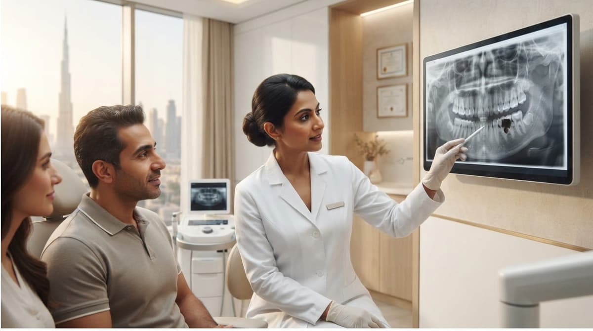 Dental X-ray being reviewed to diagnose tooth pain at Dubai clinic