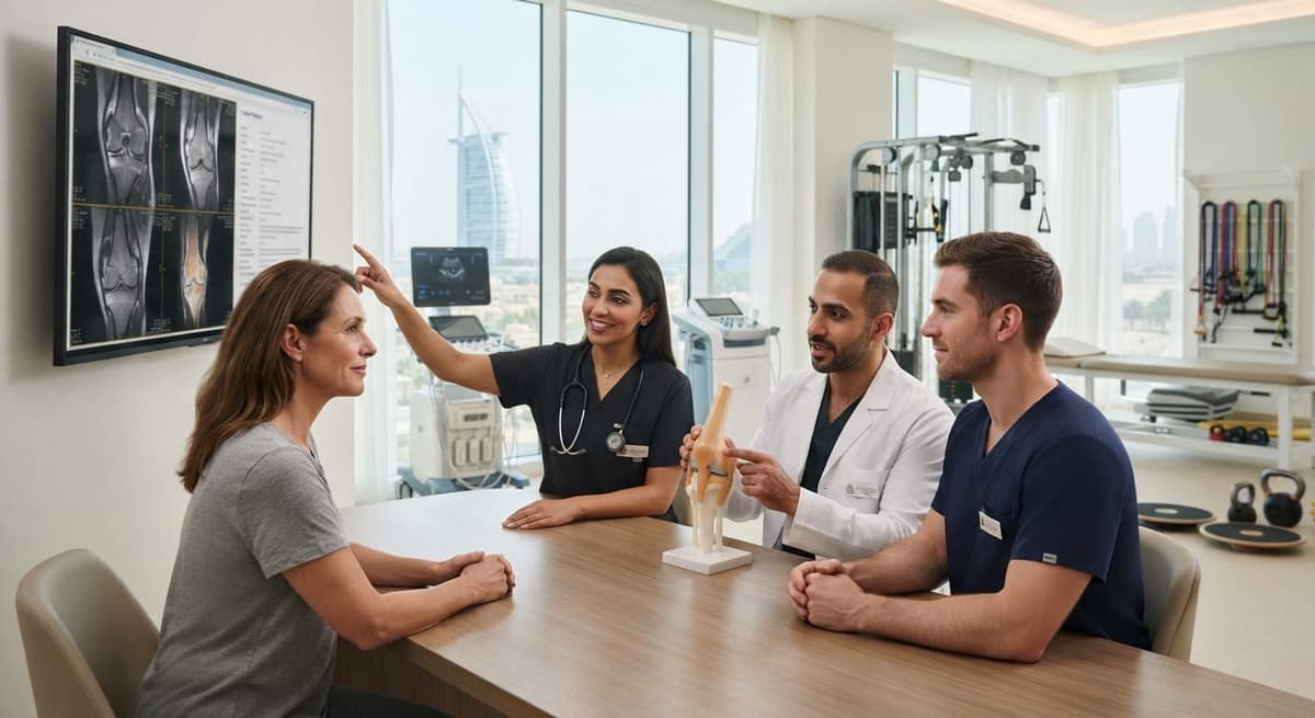 Doctor explaining joint pain treatment using a skeletal model DHA-licensed doctor explaining joint pain diagnosis Dubai