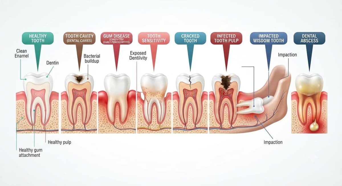 Illustration showing common causes of tooth pain including cavities and gum disease