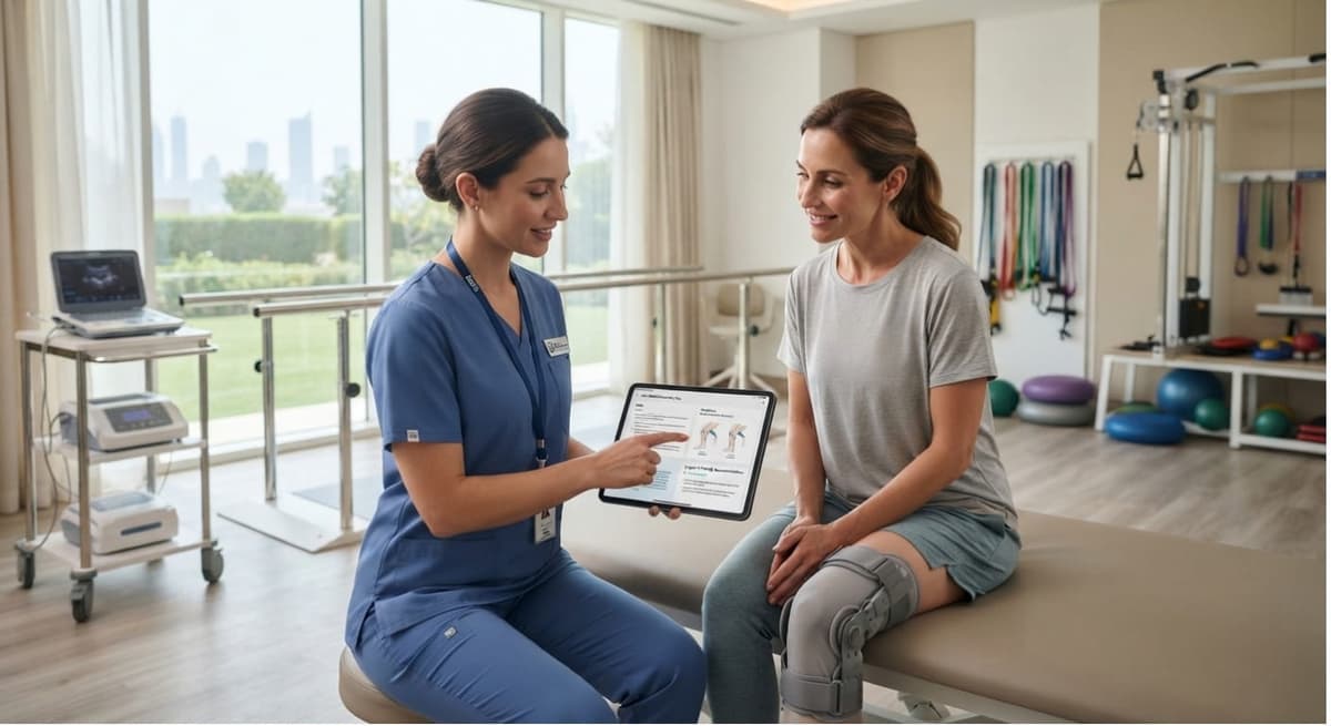 Physiotherapist assisting a patient after knee replacement surgery Post-Surgery Rehabilitation Dubai — physiotherapist assisting knee replacement patient