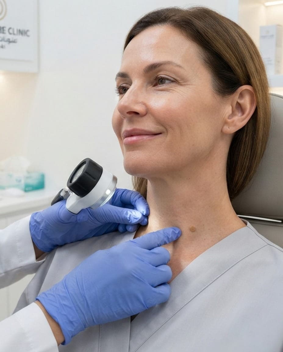 Dermatologist examining a skin tag before removal in Dubai