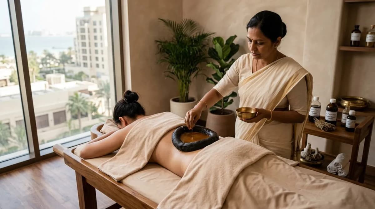 Warm medicated oil held in a dough ring over a patient's lower back during Kati Basti