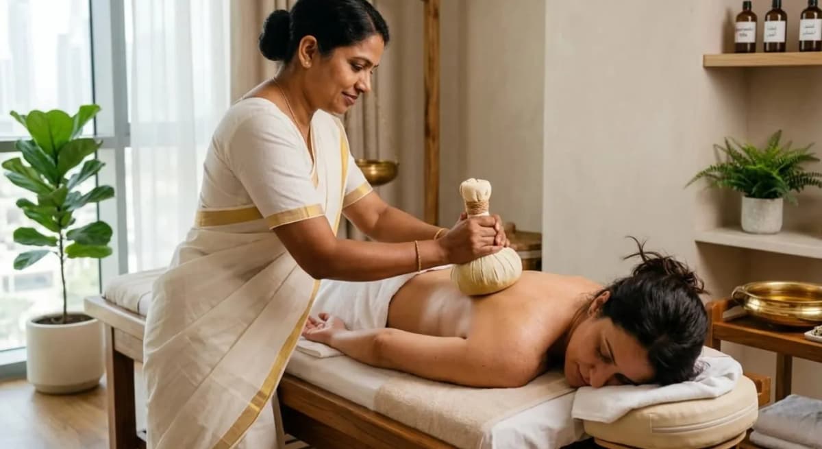 Therapist pressing a warm herbal pouch along a patient's upper back during Kizhi therapy