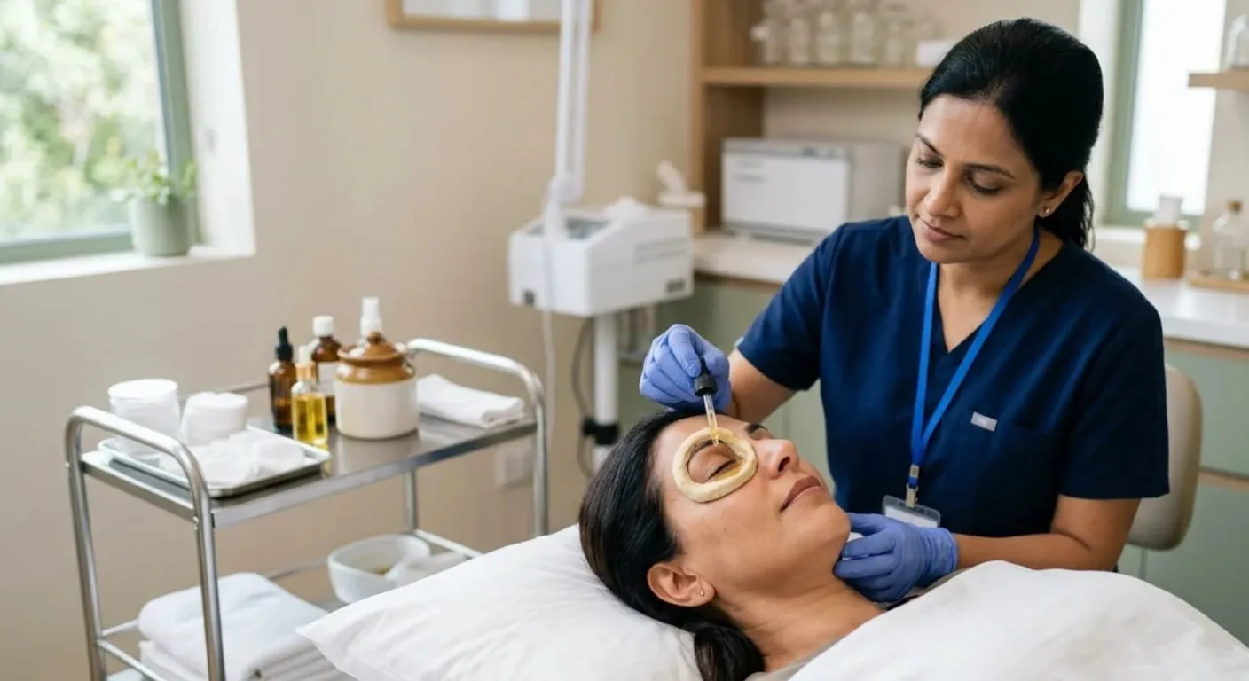 Two-panel illustration comparing an Ayurvedic consultation with an eye examination