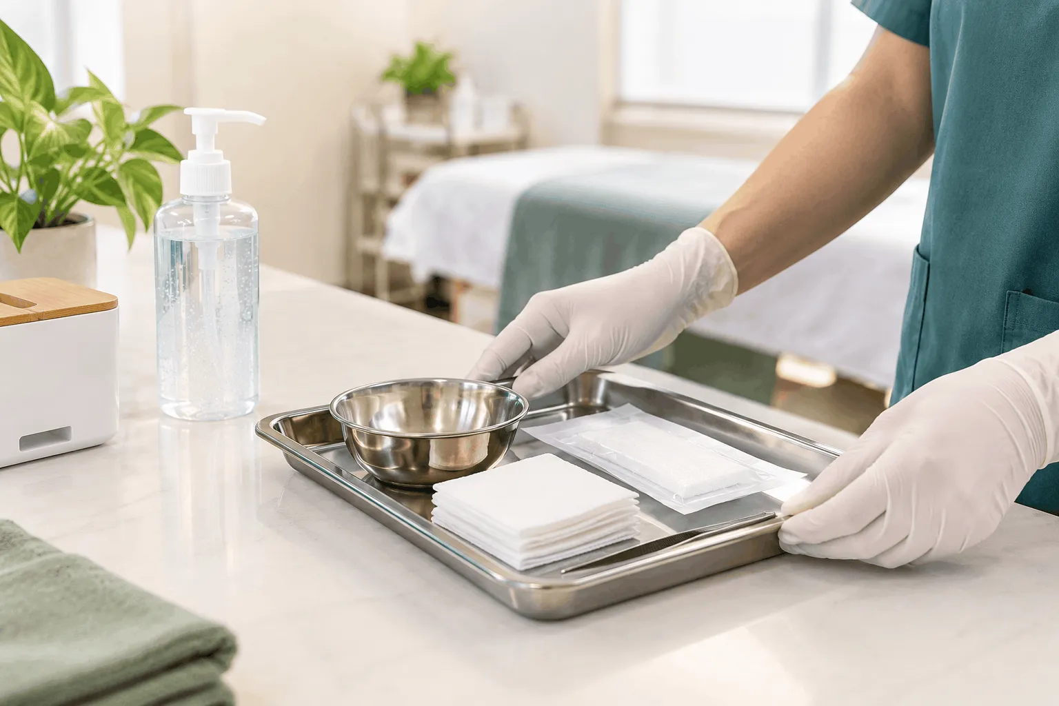 Gloved hands preparing a clean tray beside hand sanitiser in a treatment room