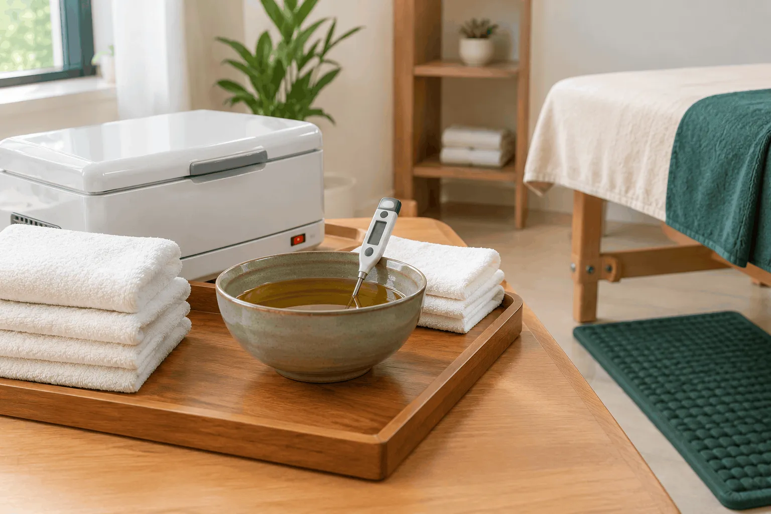 Oil vessel with a thermometer and non-slip mat prepared before an Ayurvedic treatment