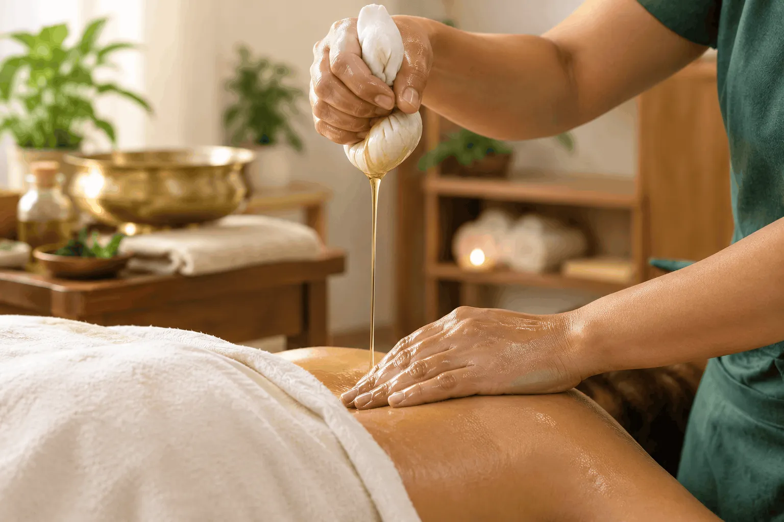 Close view of a therapist's hands guiding warm oil in a controlled stream