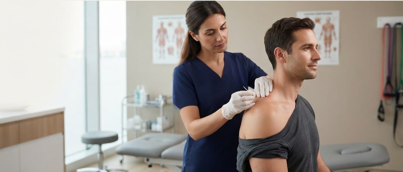 Physiotherapist performing dry needling on a patient’s shoulder at RamaCare Polyclinic