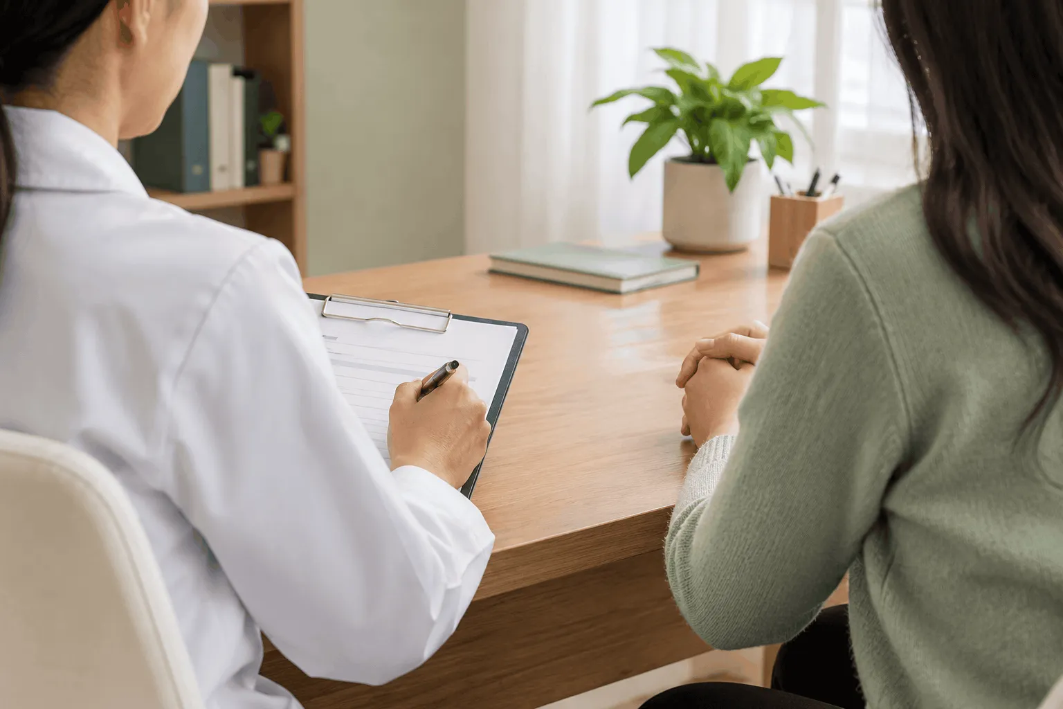Two people talking at a desk about health history in a quiet consultation room