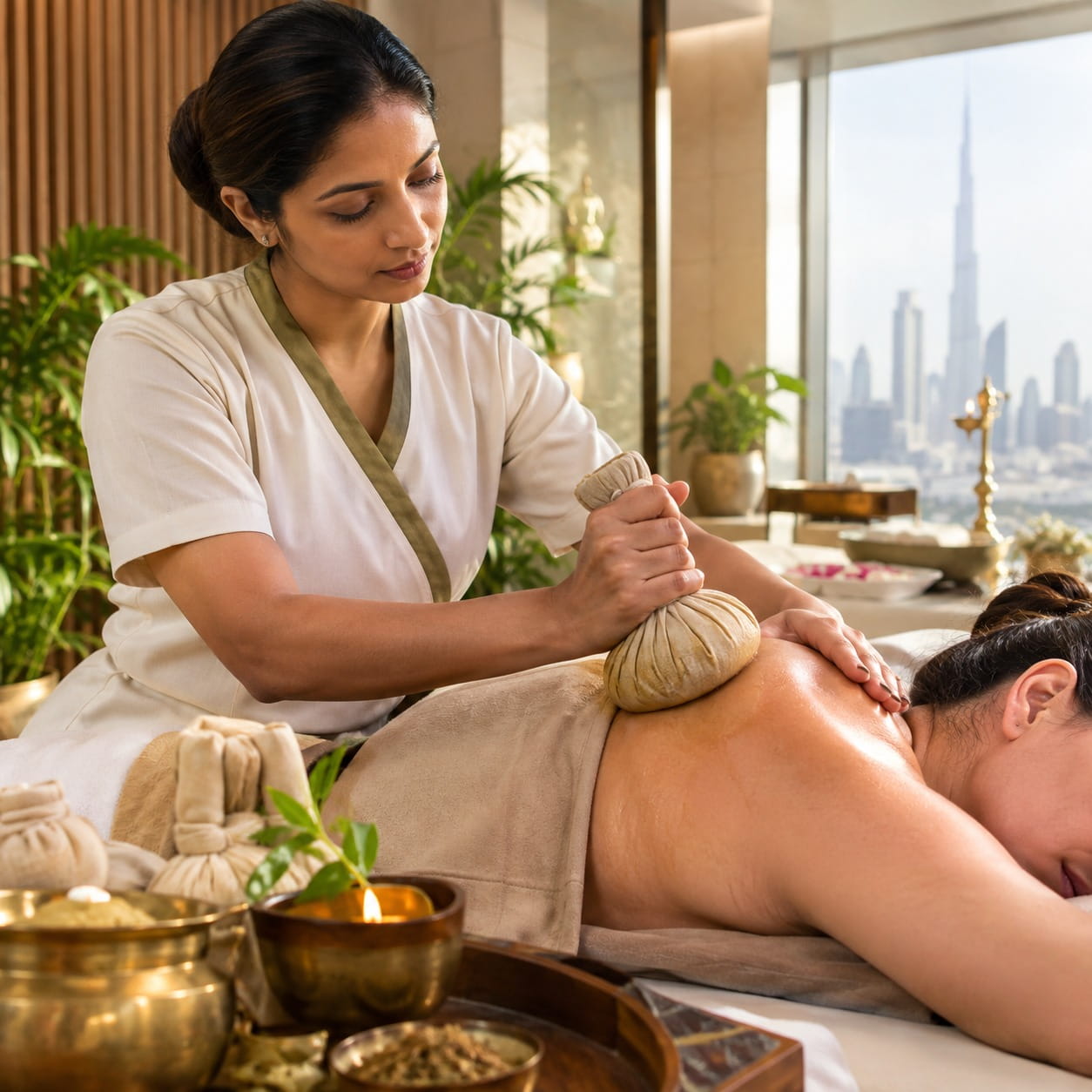 Ayurvedic practitioner applying a warm herbal pouch to a patient's shoulder during a Kizhi therapy session