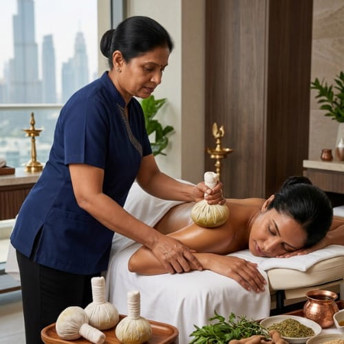 Ayurvedic practitioner preparing and applying warm herbal Kizhi pouches in Dubai clinic
