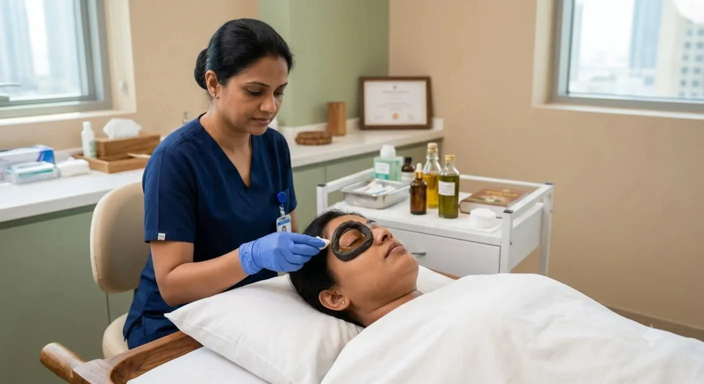 Illustration of a tray with a small bowl, a dough ring and sterile gauze for a traditional Ayurvedic eye therapy