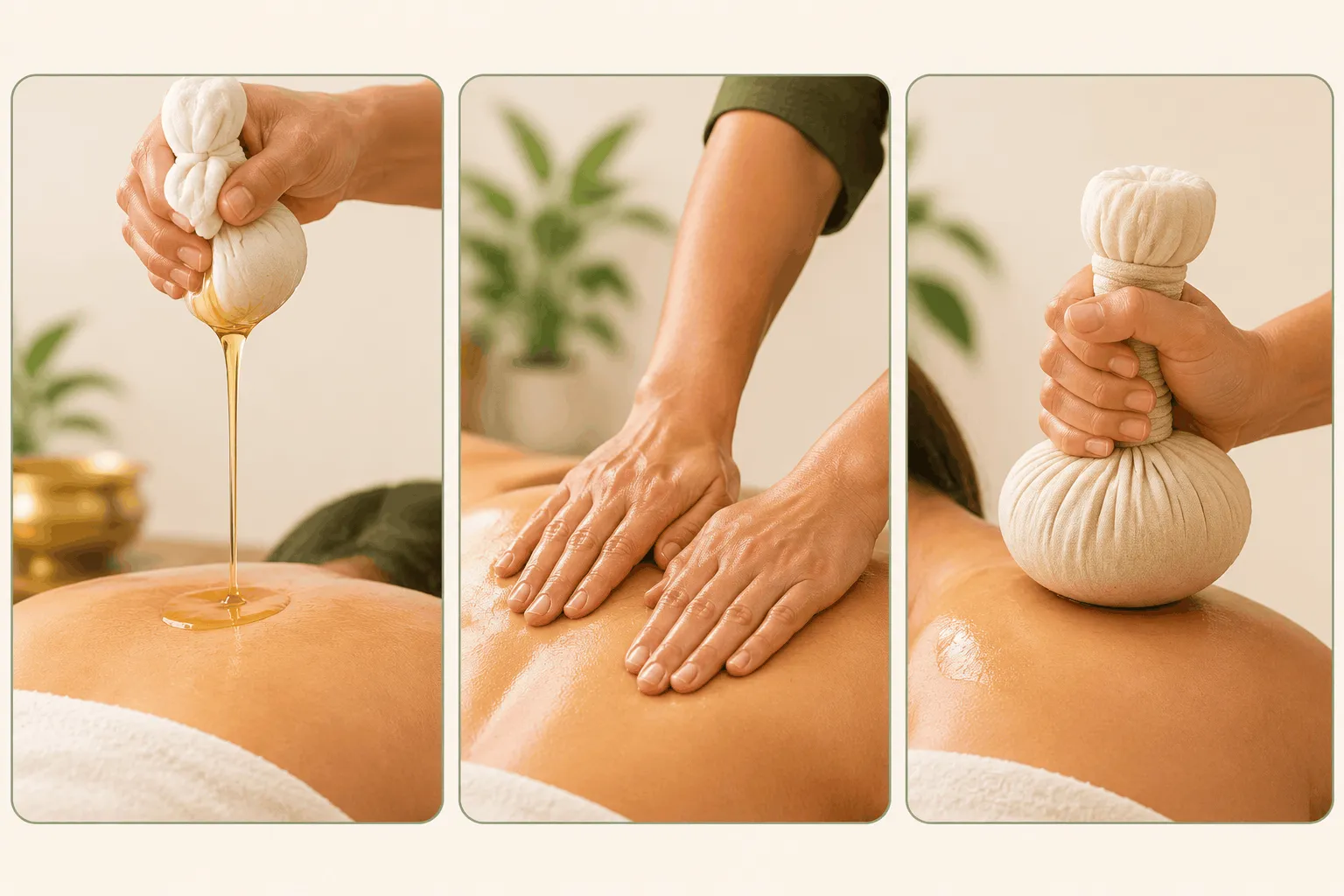 Three-panel illustration comparing poured oil, hand oil massage and herbal bolus therapy