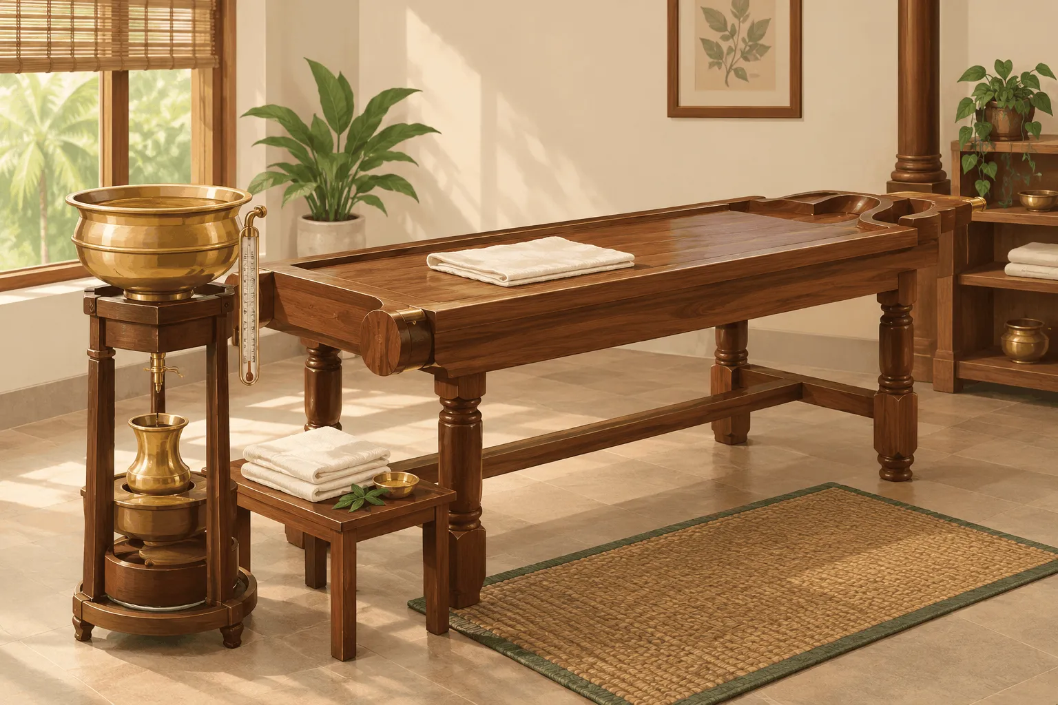 Illustration of a traditional Pizhichil setup with a wooden treatment table and warm oil vessels