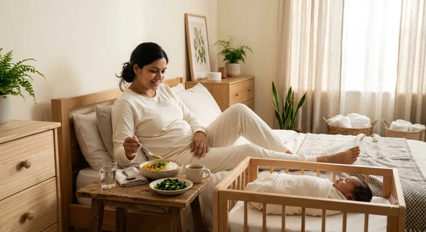 New mother resting at home with a warm meal and her baby sleeping nearby