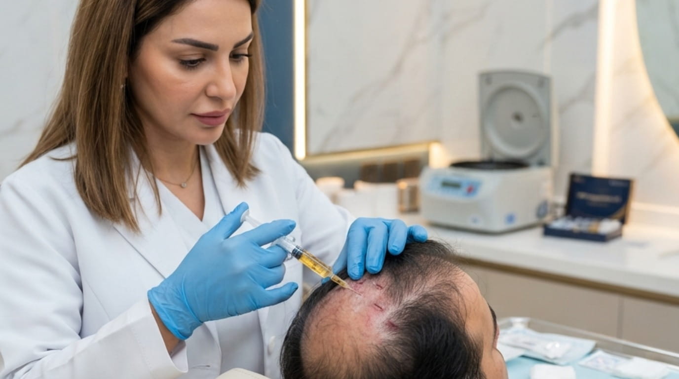 PRP hair treatment being performed on a patient's scalp